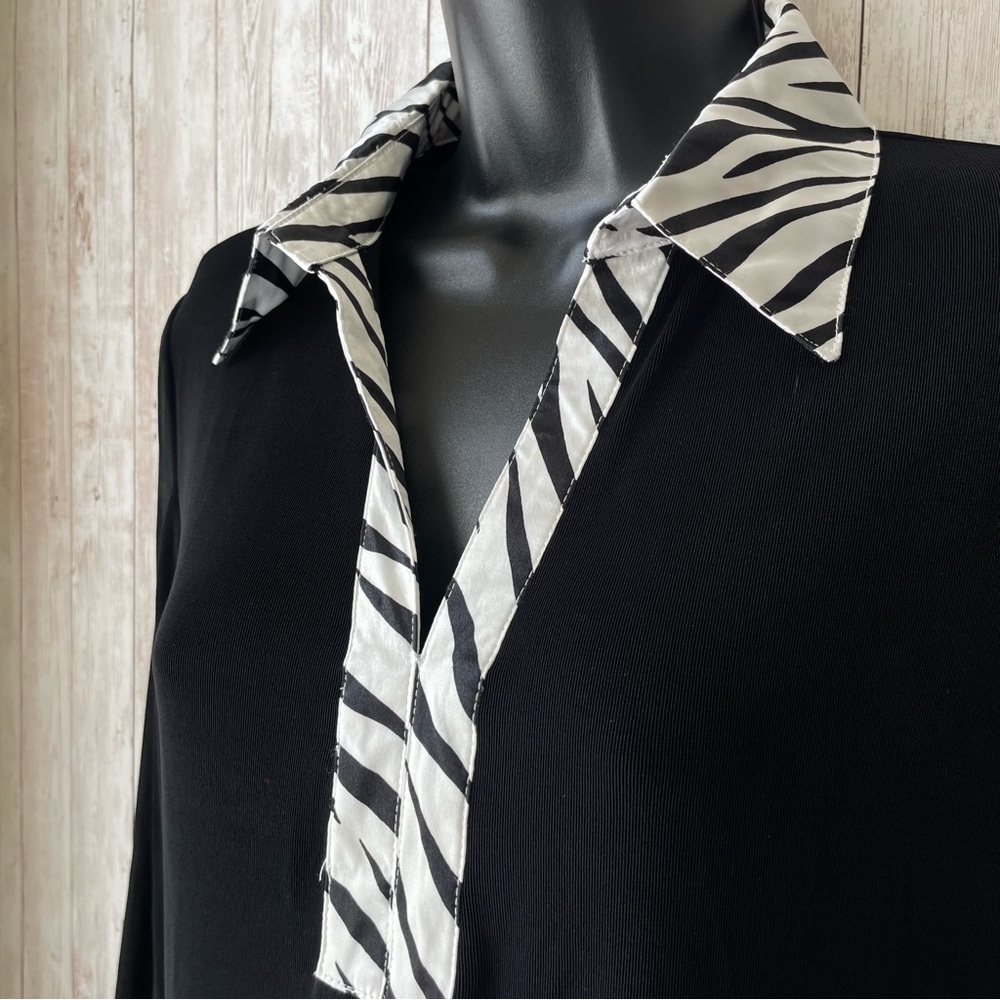 Kiara Collared Blouse Black White Zebra Print Trim Stretch 90s Y2K Size M - Picture 3 of 10
